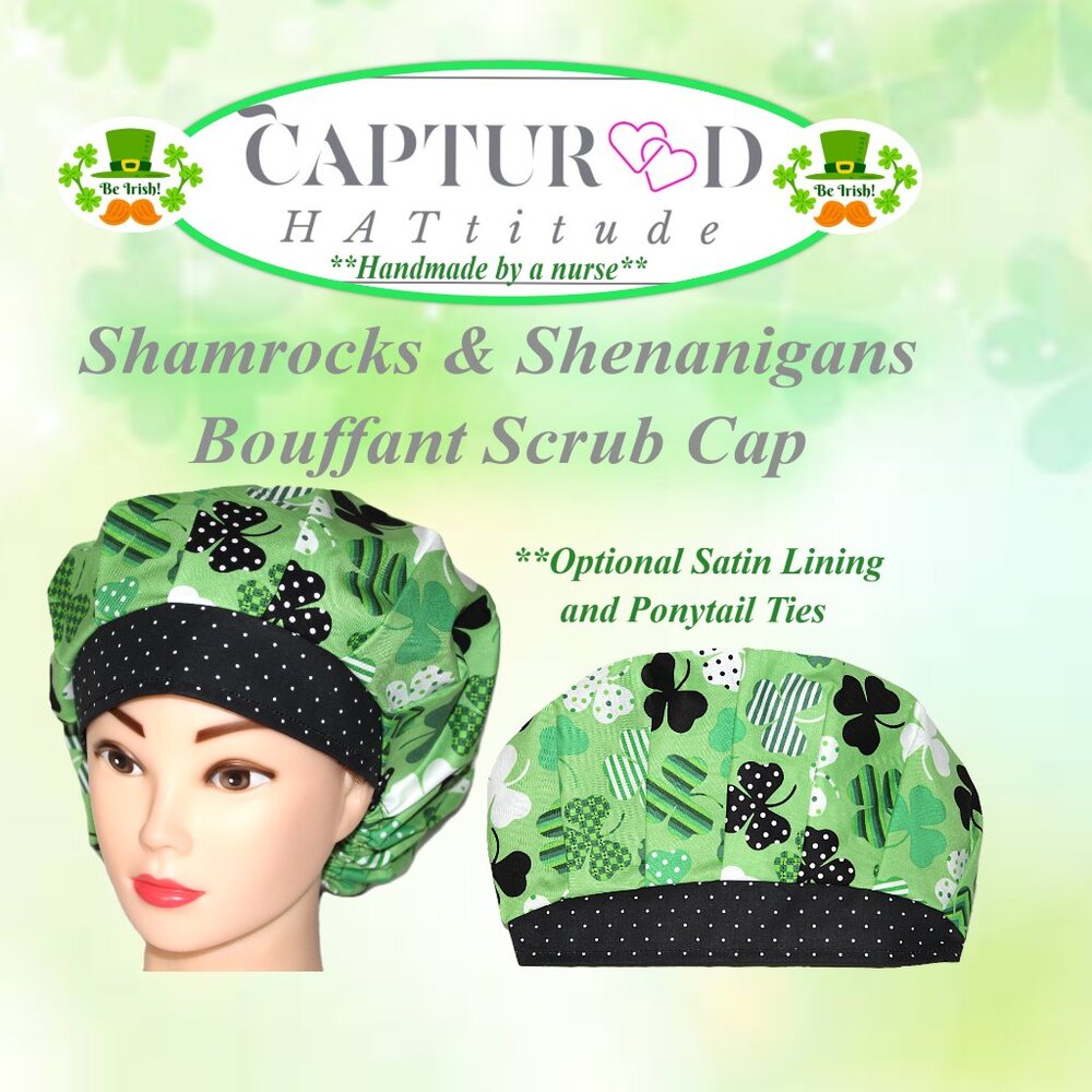 NWOT Womens Bouffant Scrub Cap Lucky Clover Surgical Bonnet - Handmade